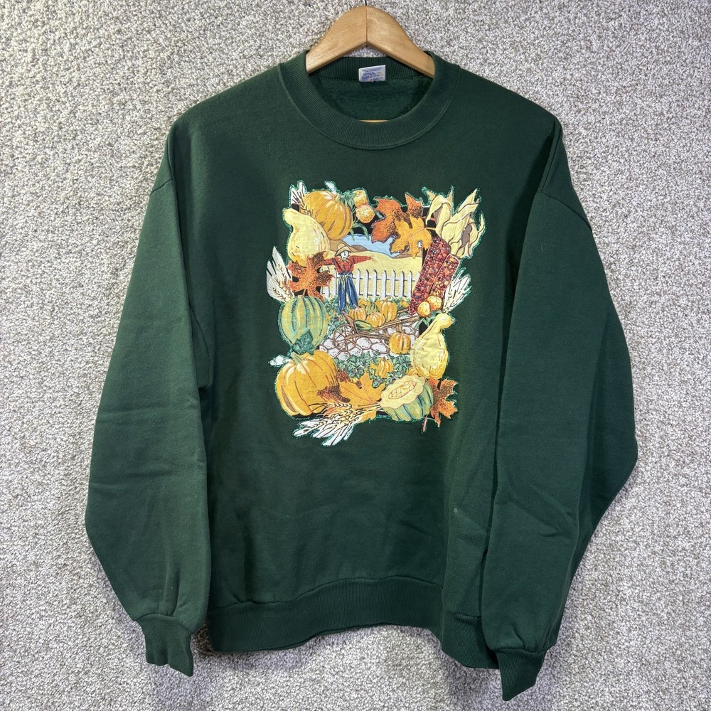 Vintage‎ Jerzees Sweatshirt Mens Large Green Fall Harvest Pumpkin Graphic 90s